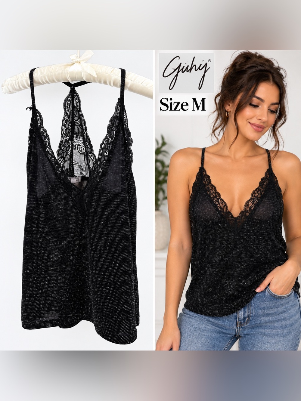 Guhy Women’s Size M Black Metallic Shimmer Lace Racerback Cami Tank Top